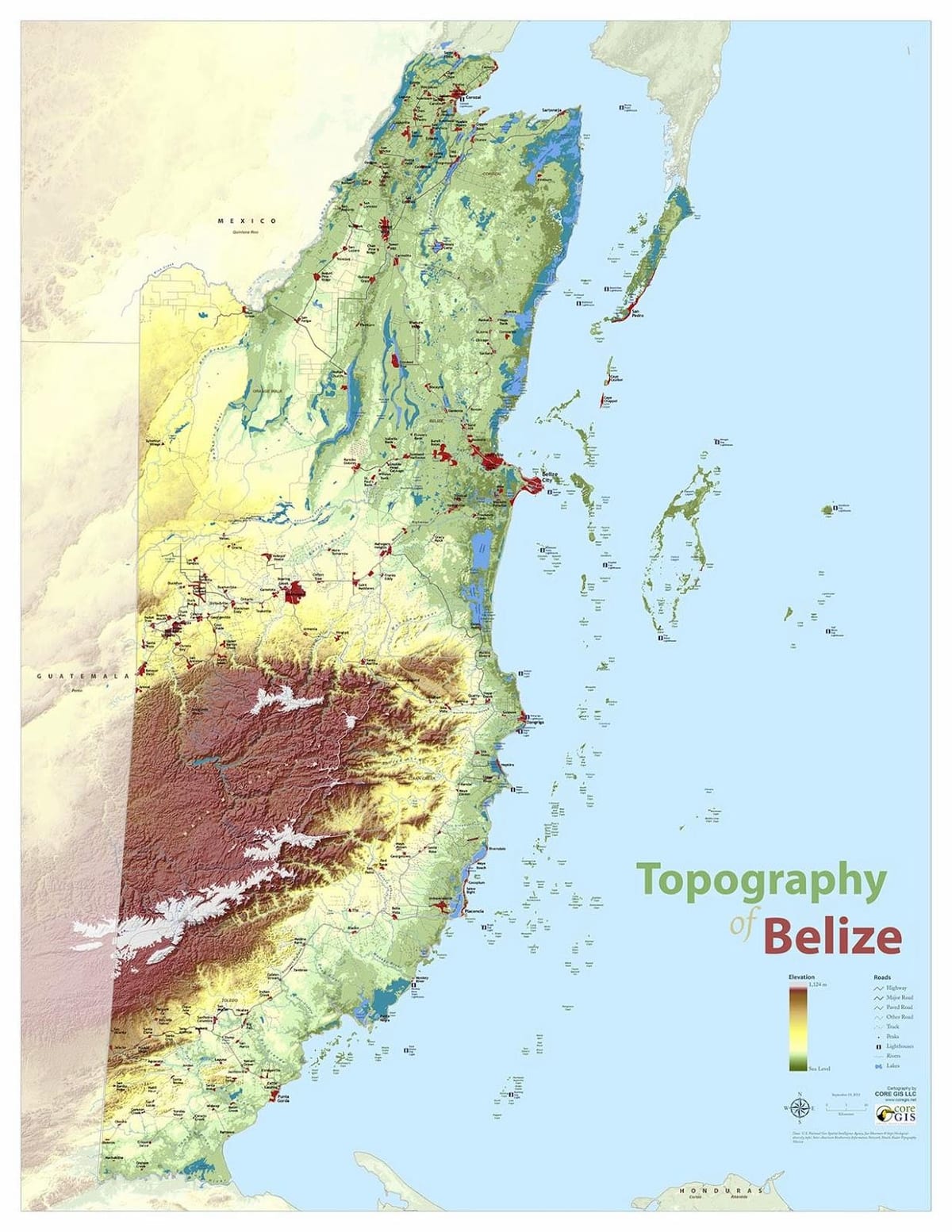 Mapa topografske Belize